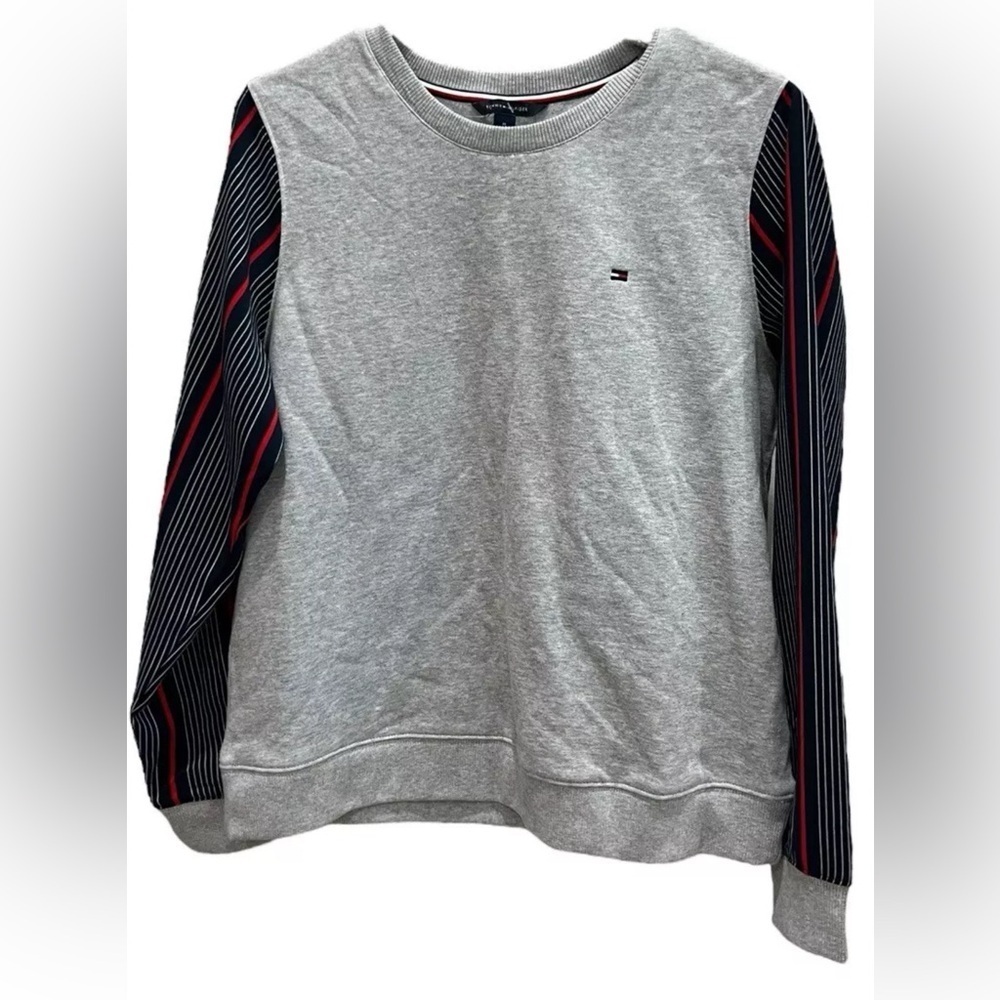 Tommy Hilfiger Ladies Sz M Gray Heather Logo Sweater Striped Sleeve Crew Neck